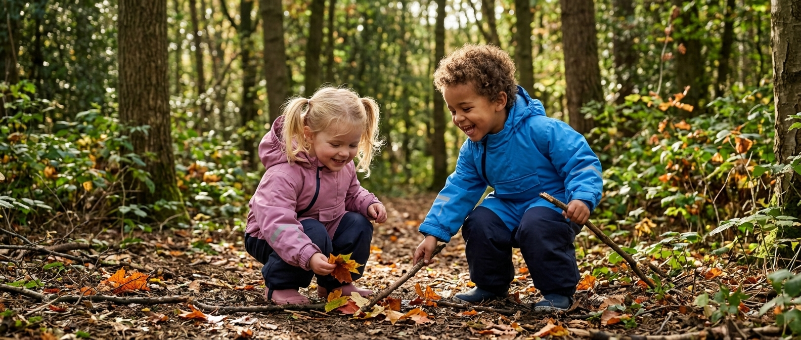 Two children in blue and pink waterproof suits crouching in an autumn forest playing with fallen leaves