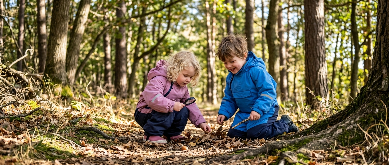 Two children in waterproof suits exploring a sunlit forest with a magnifying glass