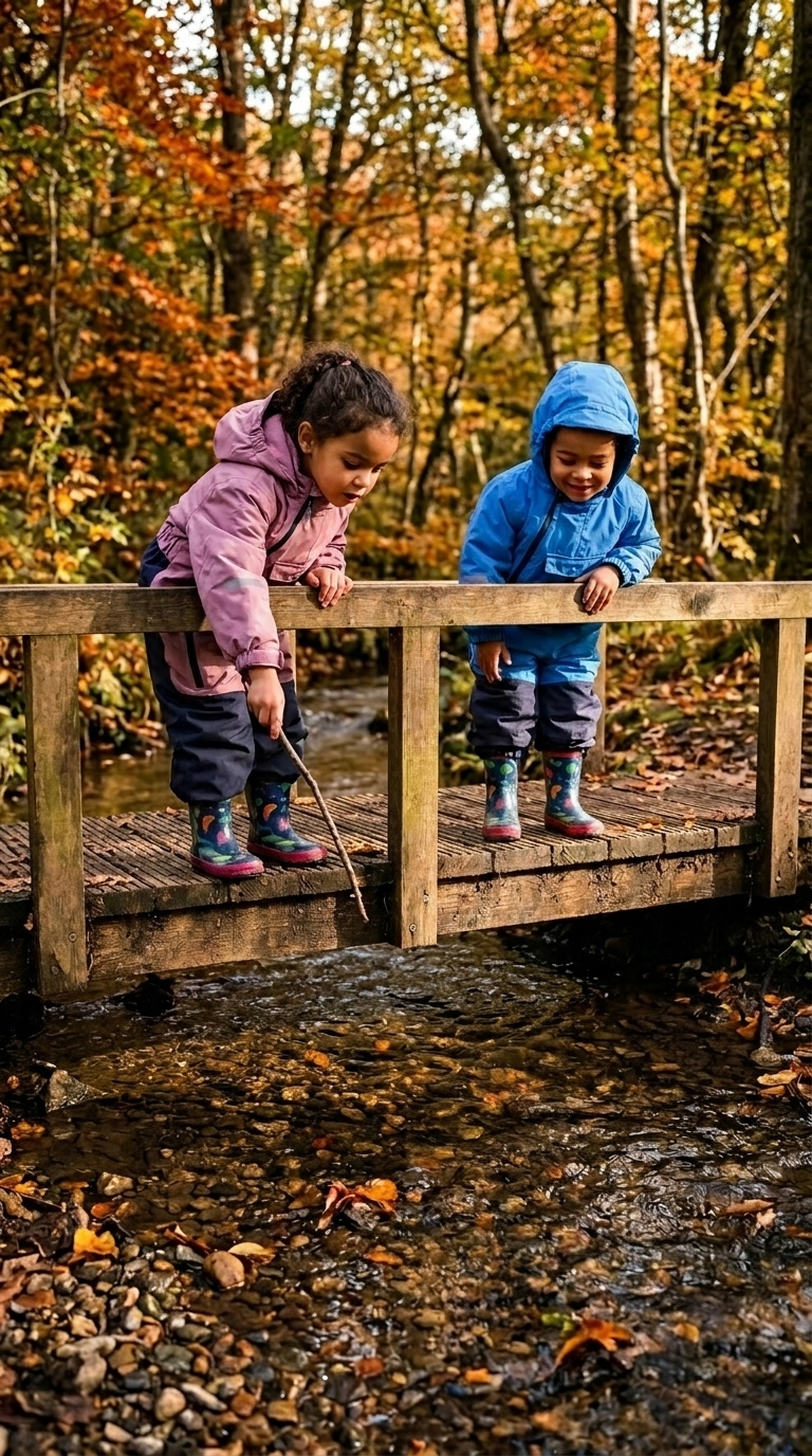Two children in all-weather play suits exploring a stream on a wooden bridge